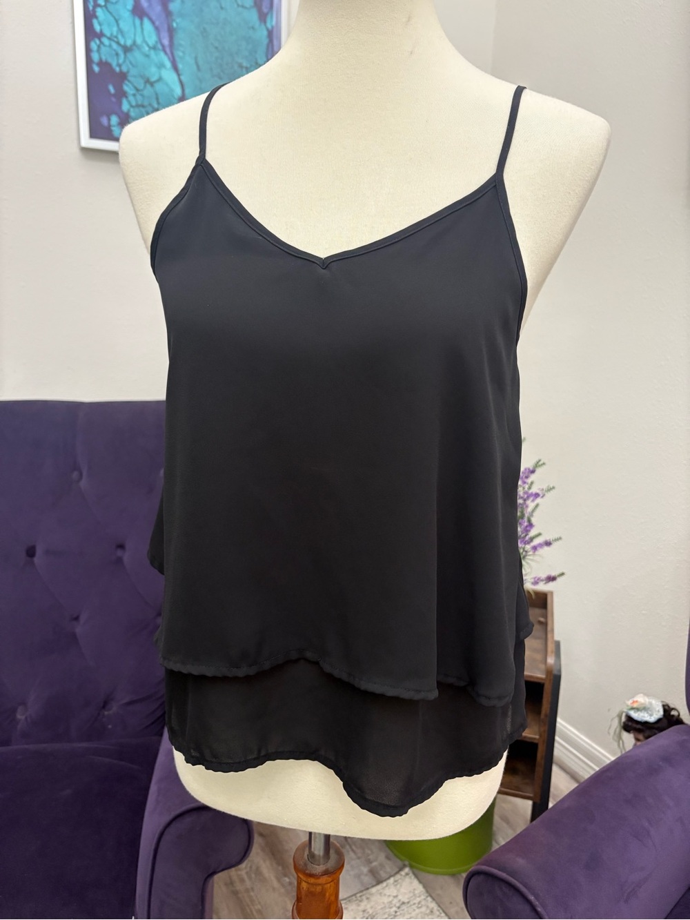 L'Amour Black Double-Layer Spaghetti Strap Cami